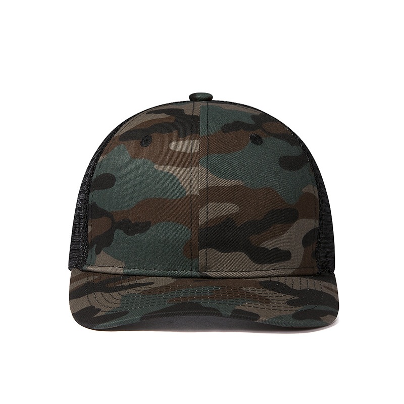 Pre-curve camo trucker hat front