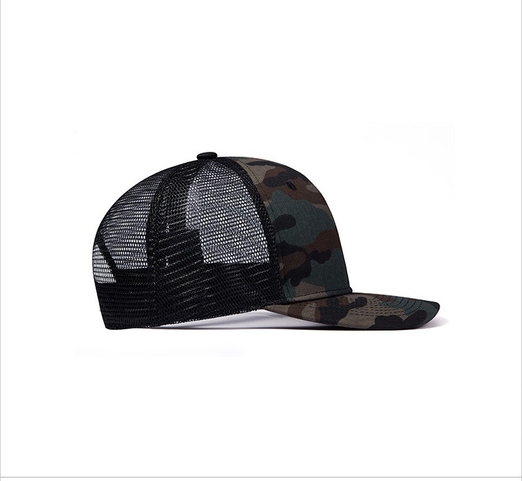 Pre-curve camo trucker hat side mesh