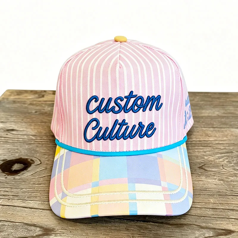 High Profile Bright Colored Checkered Bill Colorful Hat Adjustable Snapback Baseball Hat with Rope on Brim - Image 6