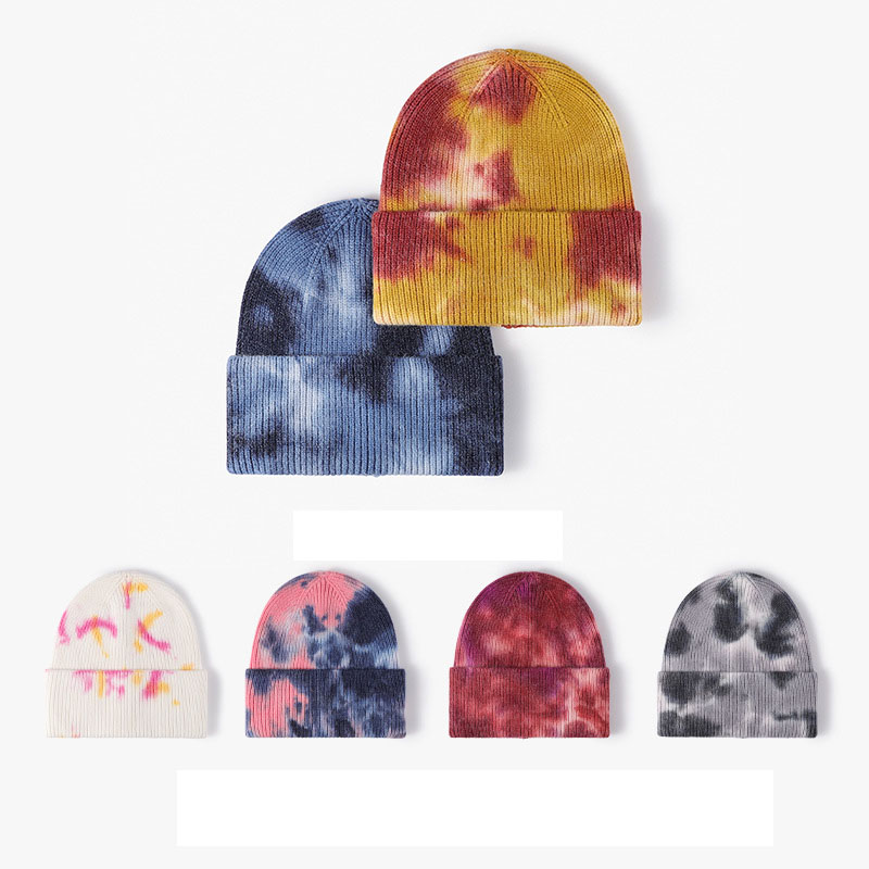 Streetwear Ribbed Cuffed Beanie Tie Dyed Knitted Hat with Custom Embroidery logo