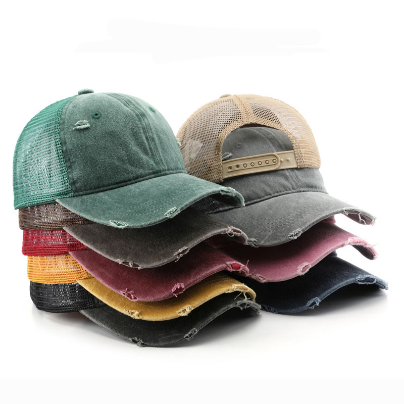 Custom Vintage Washed Distressed Mesh Trucker Hat, Blank Frayed Ripped Breathable Trucker Cap Support Logo Embroidery