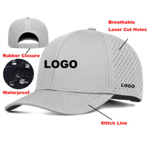 Custom 6‑Panel Curved Bill Performance Baseball Cap, Waterproof Hat with Laser Cut Breathable Side Holes, Rubber Snapback Closure Blank Cap for Front & Side Logo Customization