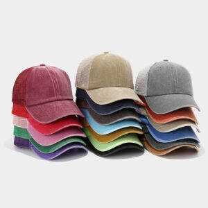 washed cotton baseball cap, blank dad hat, solid color baseball cap, unstructured baseball cap, adjustable curved bill cap, vintage washed hat, blank cap for custom embroidery, multi color baseball hat