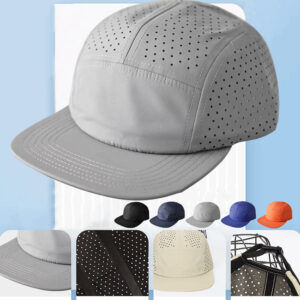 Breathable sports cap with laser perforations on crown and side panels.